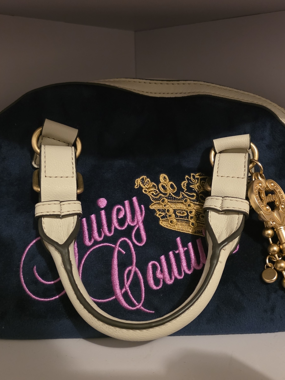 Juicy Couture Navy Velvet Satchel with Cream Handles and Pink Logo
